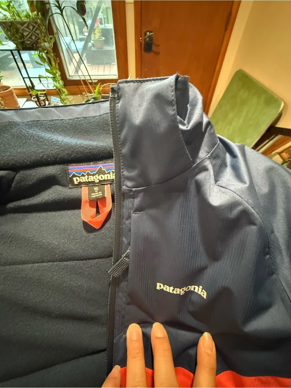 Patagonia Navy and Coral Colorblock Insulated Jacket